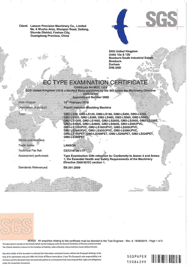 CE certificate of plastic injection moulding machines